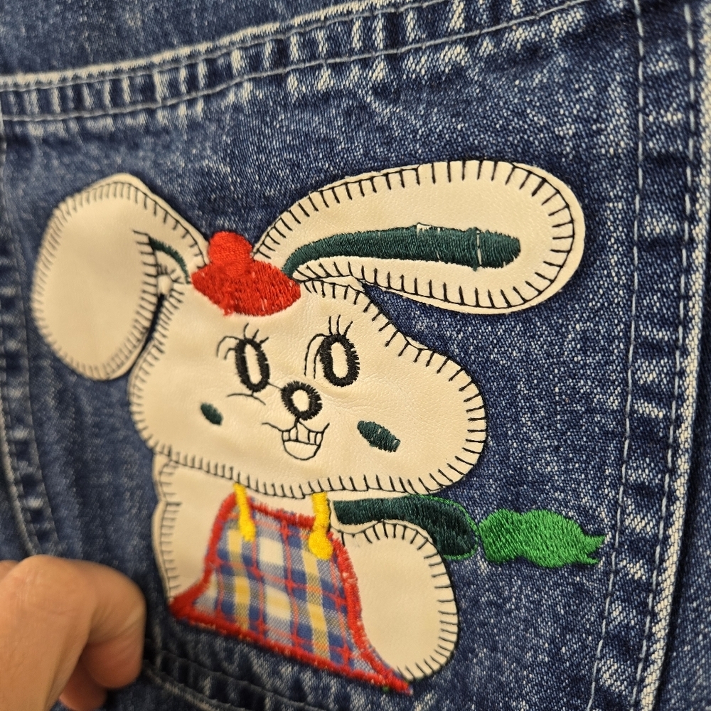 Vintage Y2K Denim Overalls Bunny Applique Cottagecore Kawaii XL - Picture 3 of 10